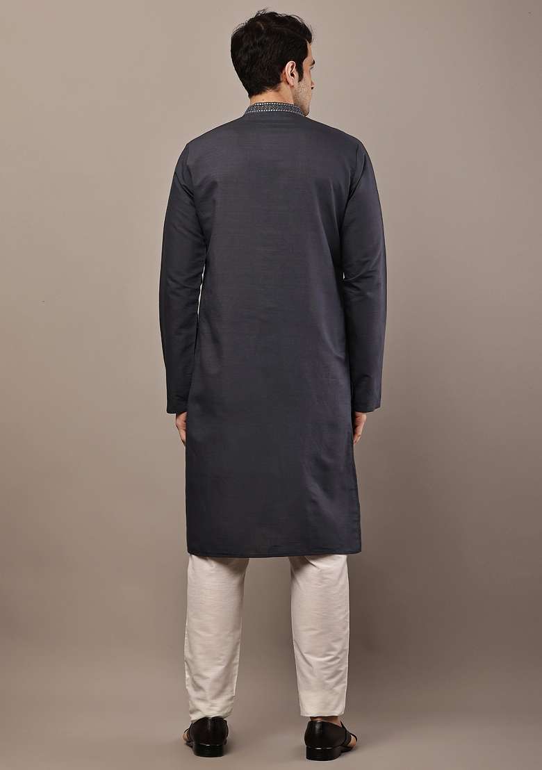 Grey Embroidered Viscose Kurta Pyjama For Men - Indya