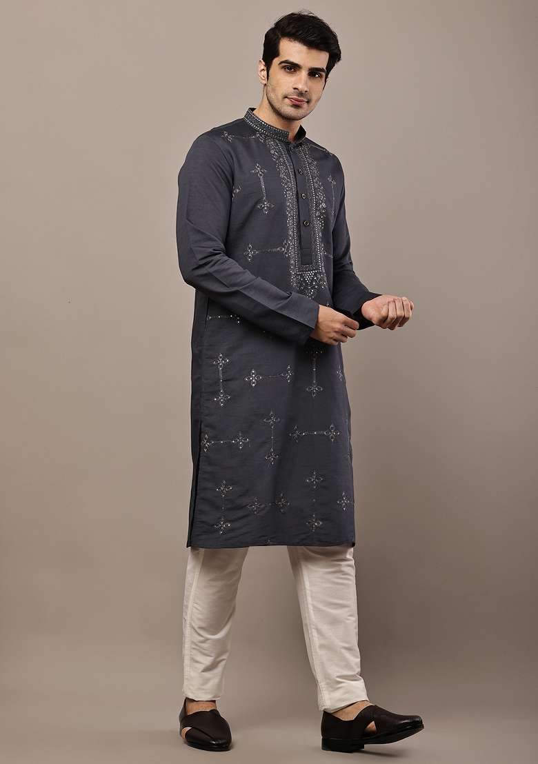 Grey Embroidered Viscose Kurta Pyjama For Men - Indya