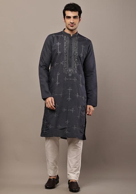 Grey Embroidered Viscose Kurta Pyjama For Men