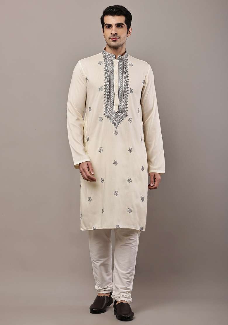 Off White Embroidered Viscose Kurta Pyjama For Men - Indya