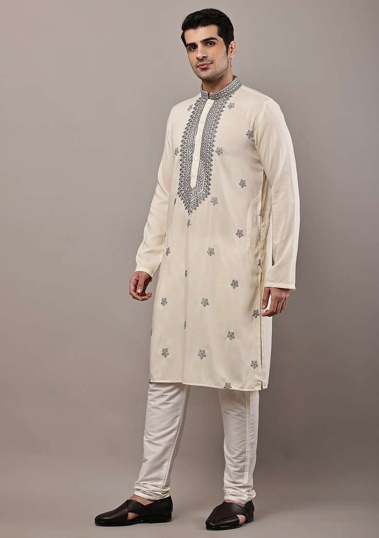 Off White Embroidered Viscose Kurta Pyjama For Men - Indya