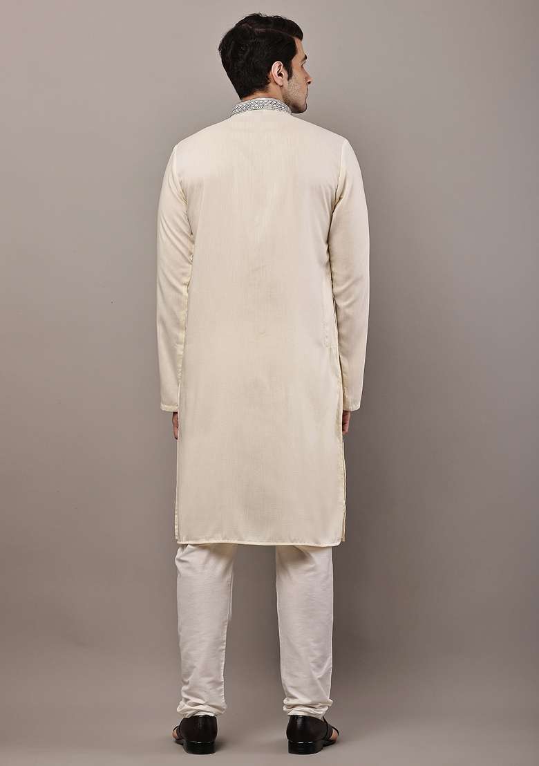 Off White Embroidered Viscose Kurta Pyjama For Men - Indya