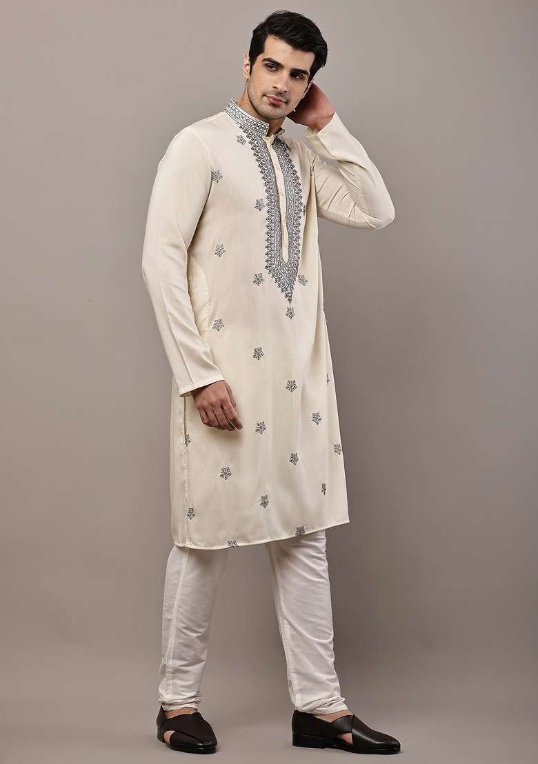 Off White Embroidered Viscose Kurta Pyjama For Men - Indya