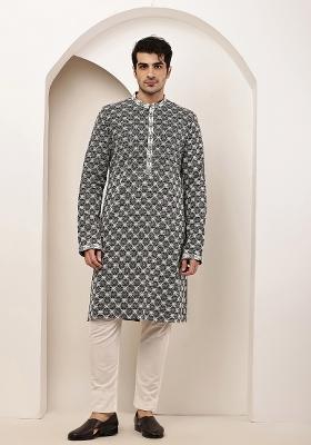 Black Embroidered Cotton Kurta Pyjama For Men
