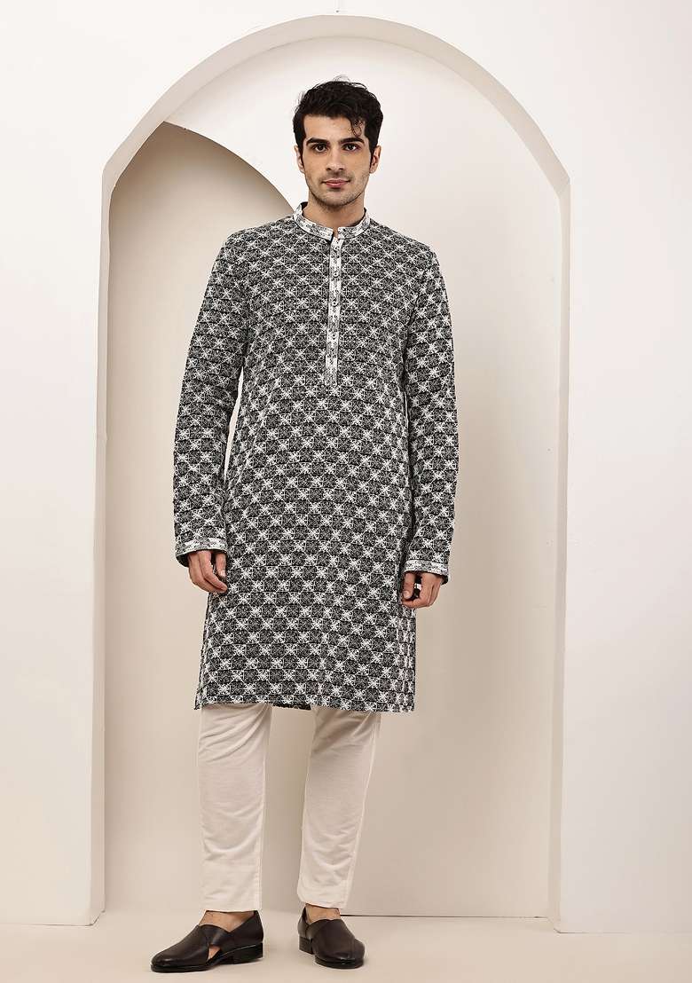 Black Embroidered Cotton Kurta Pyjama For Men - Indya