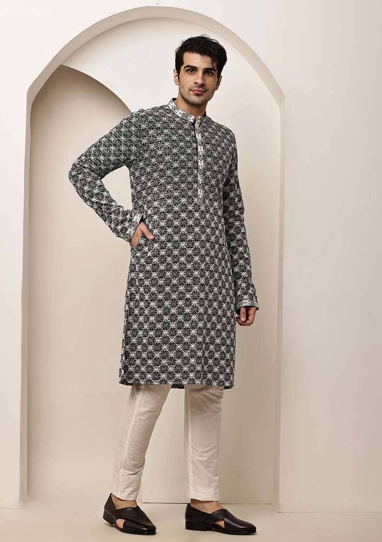 Black Embroidered Cotton Kurta Pyjama For Men - Indya