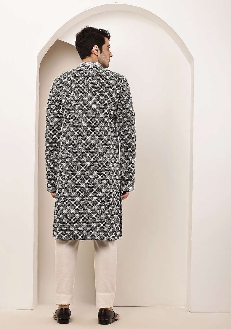 Black Embroidered Cotton Kurta Pyjama For Men - Indya