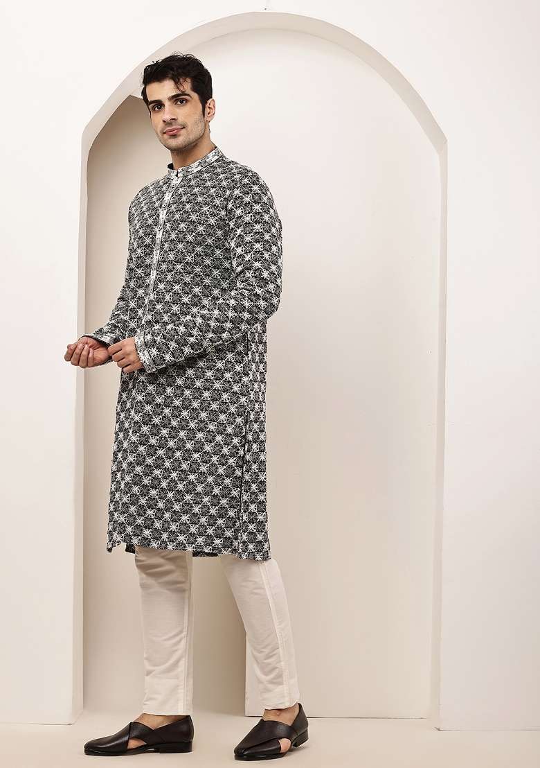 Black Embroidered Cotton Kurta Pyjama For Men - Indya