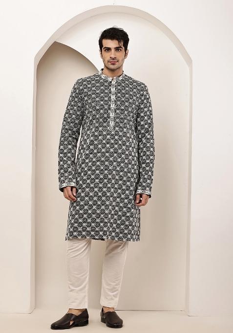 Black Embroidered Cotton Kurta Pyjama For Men