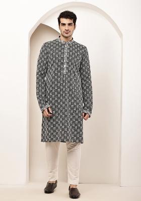 Black Embroidered Cotton Kurta Pyjama For Men