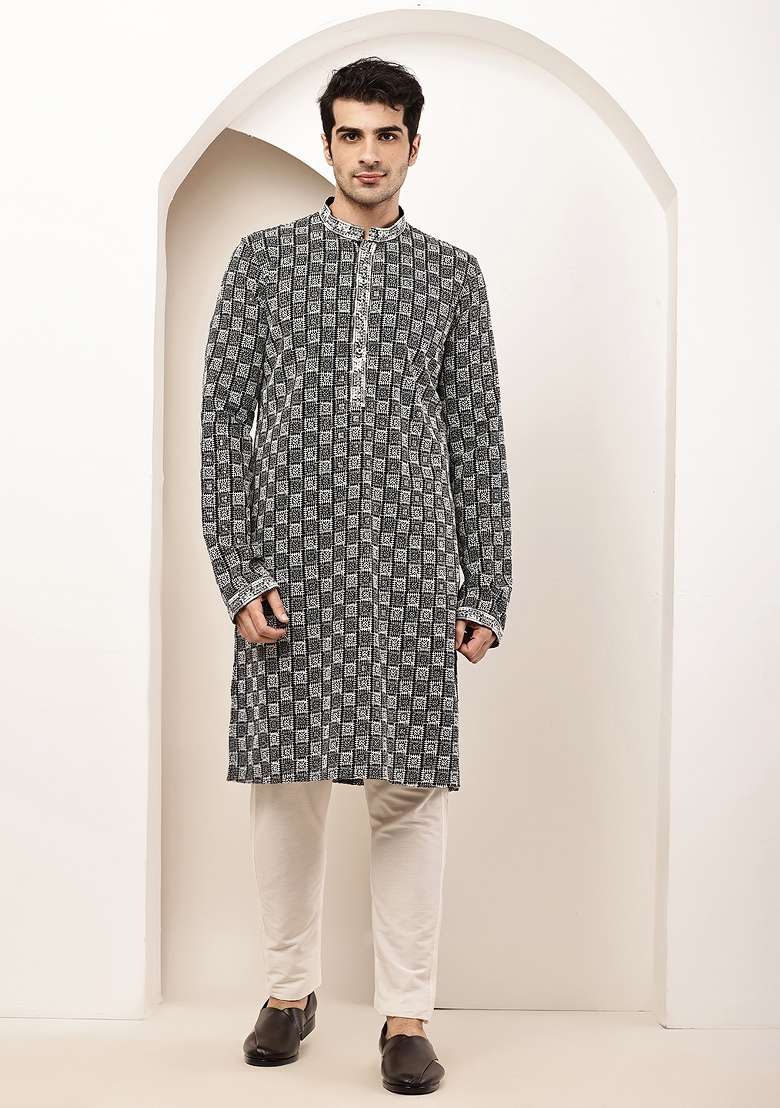 Black Embroidered Cotton Kurta Pyjama For Men - Indya