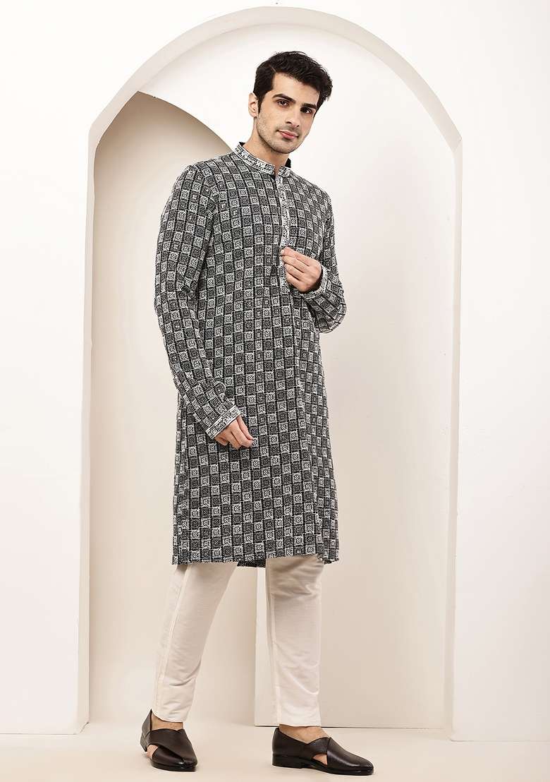 Black Embroidered Cotton Kurta Pyjama For Men - Indya