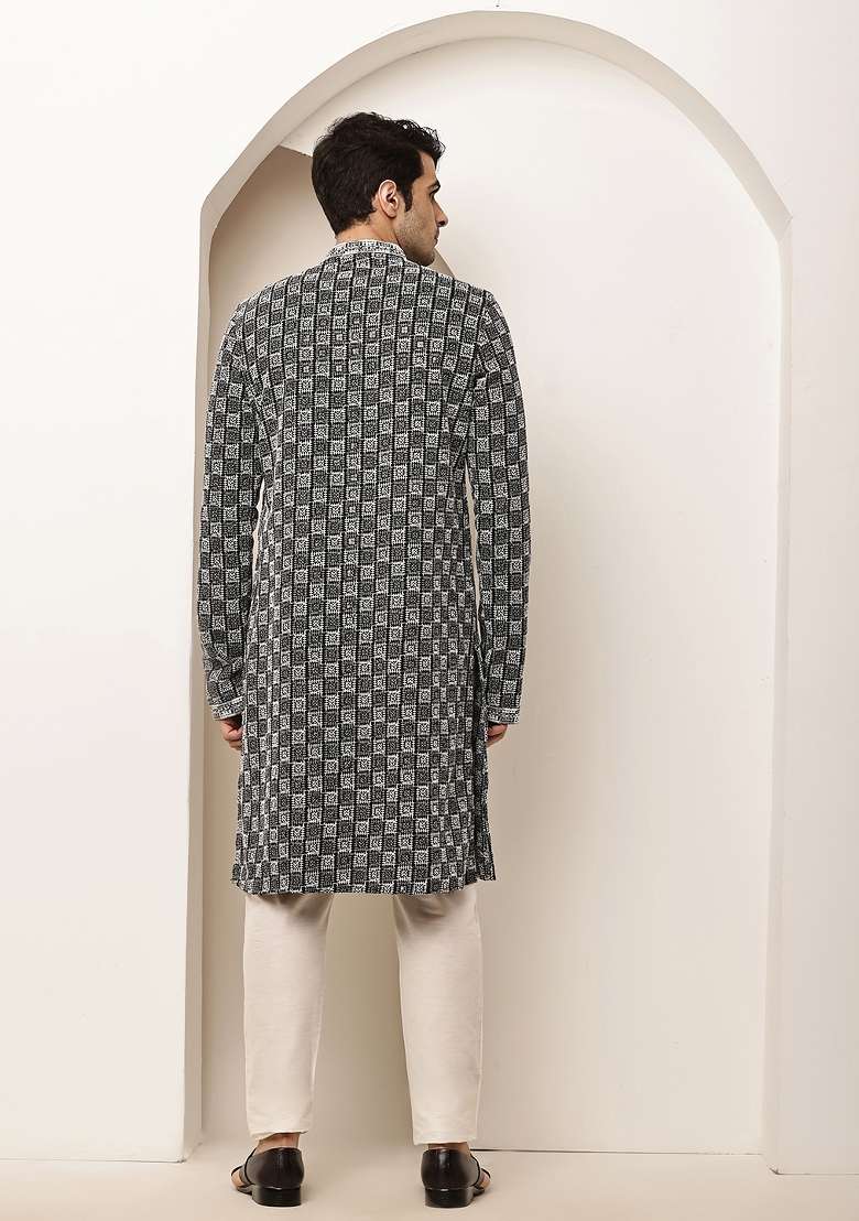 Black Embroidered Cotton Kurta Pyjama For Men - Indya