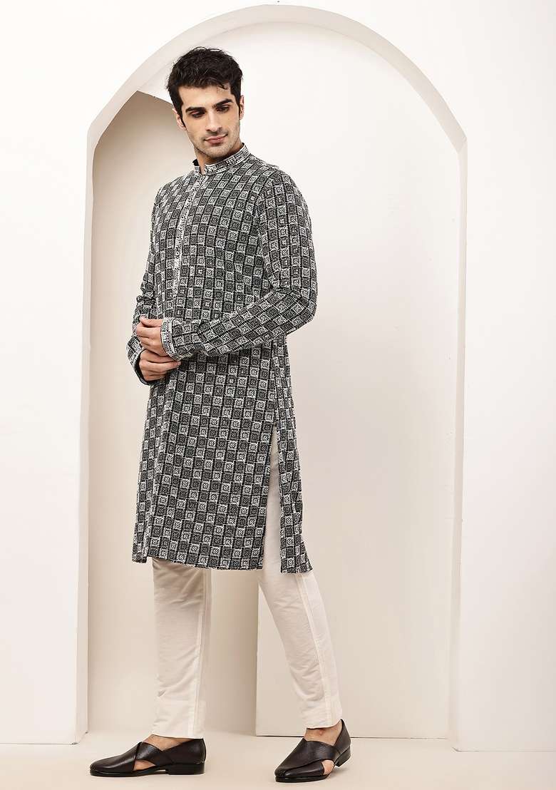 Black Embroidered Cotton Kurta Pyjama For Men - Indya