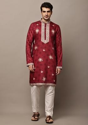 Red Embroidered Viscose Kurta Pyjama For Men