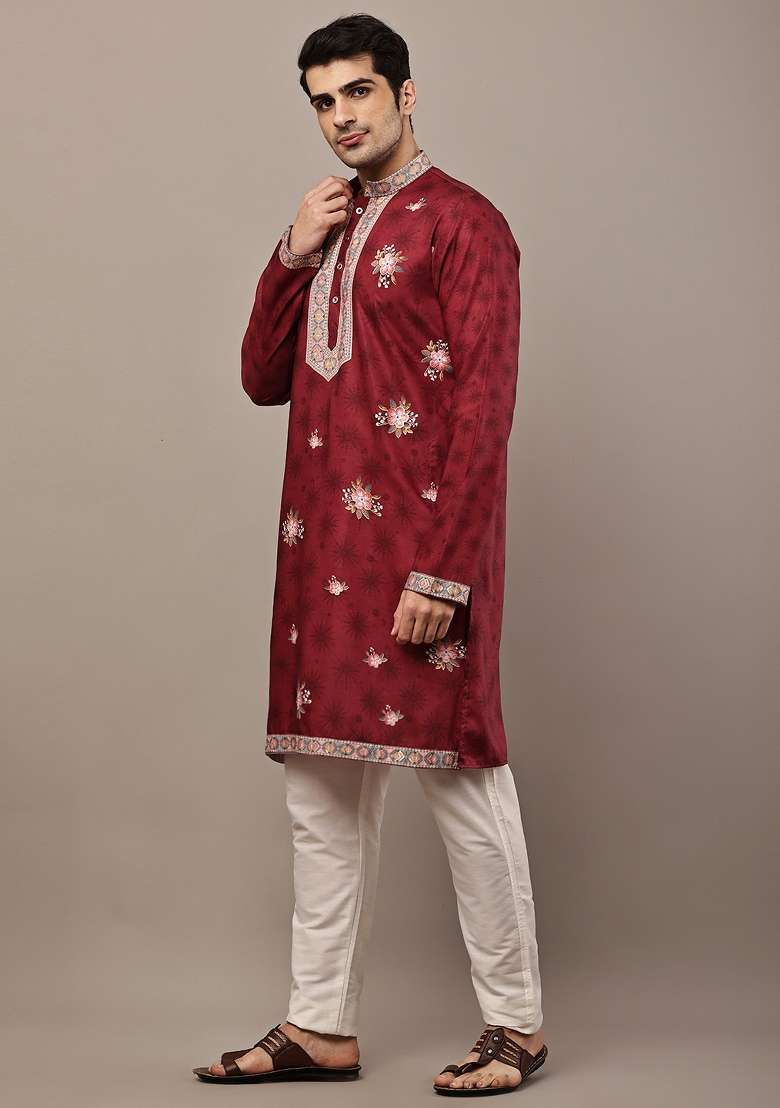 Red Embroidered Viscose Kurta Pyjama For Men - Indya