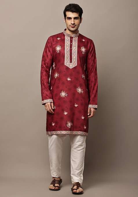 Red Embroidered Viscose Kurta Pyjama For Men