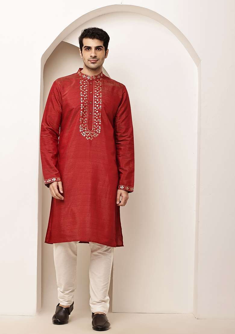 Red Embroidered Viscose Kurta For Men - Indya