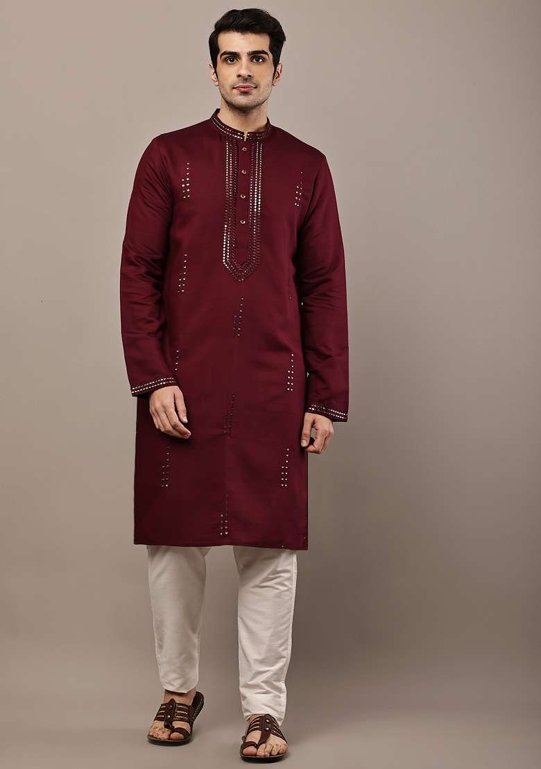 Maroon Embroidered Viscose Kurta For Men - Indya