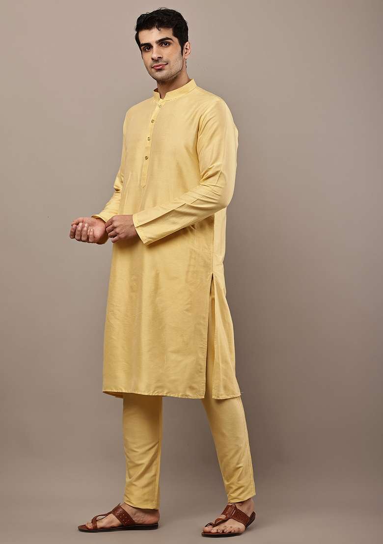 Yellow Embroidered Viscose Kurta For Men - Indya