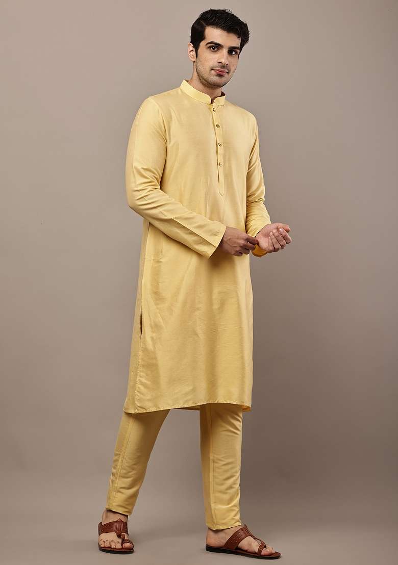 Yellow Embroidered Viscose Kurta For Men - Indya