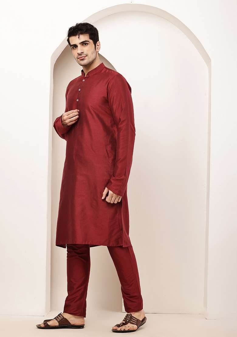 Red Embroidered Viscose Kurta For Men - Indya