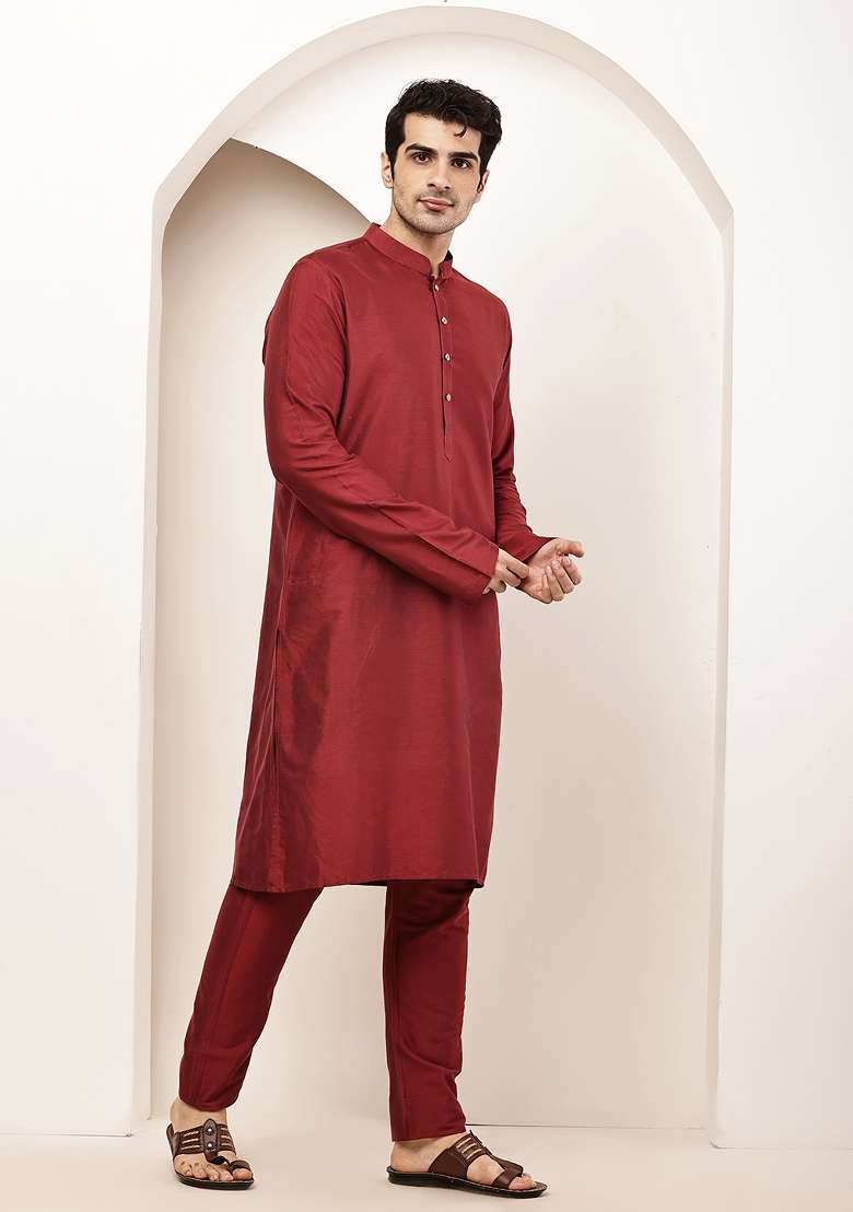 Red Embroidered Viscose Kurta For Men - Indya