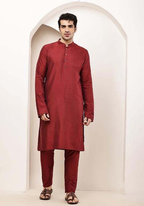 Red Embroidered Viscose Kurta For Men