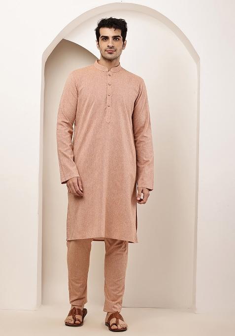 Pink Embroidered Cotton Kurta For Men