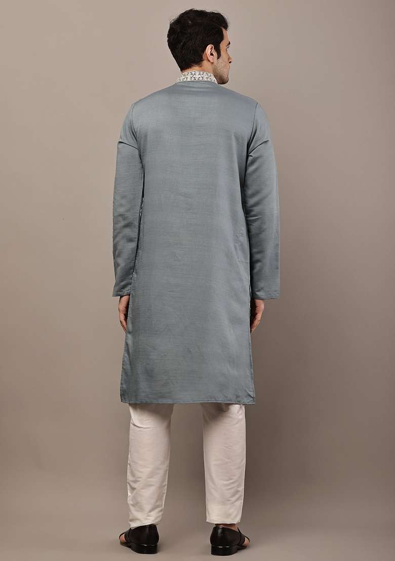 Grey Embroidered Viscose Kurta For Men - Indya