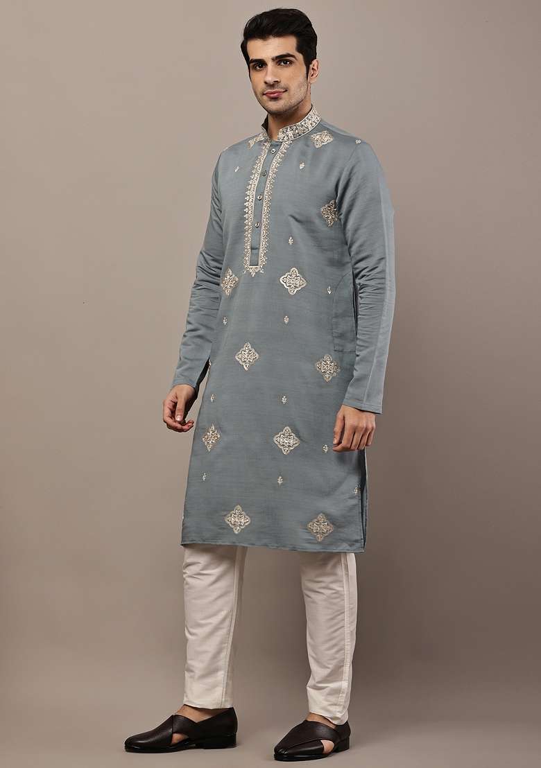 Grey Embroidered Viscose Kurta For Men - Indya