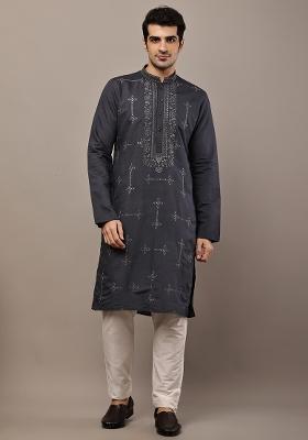 Grey Embroidered Viscose Kurta For Men