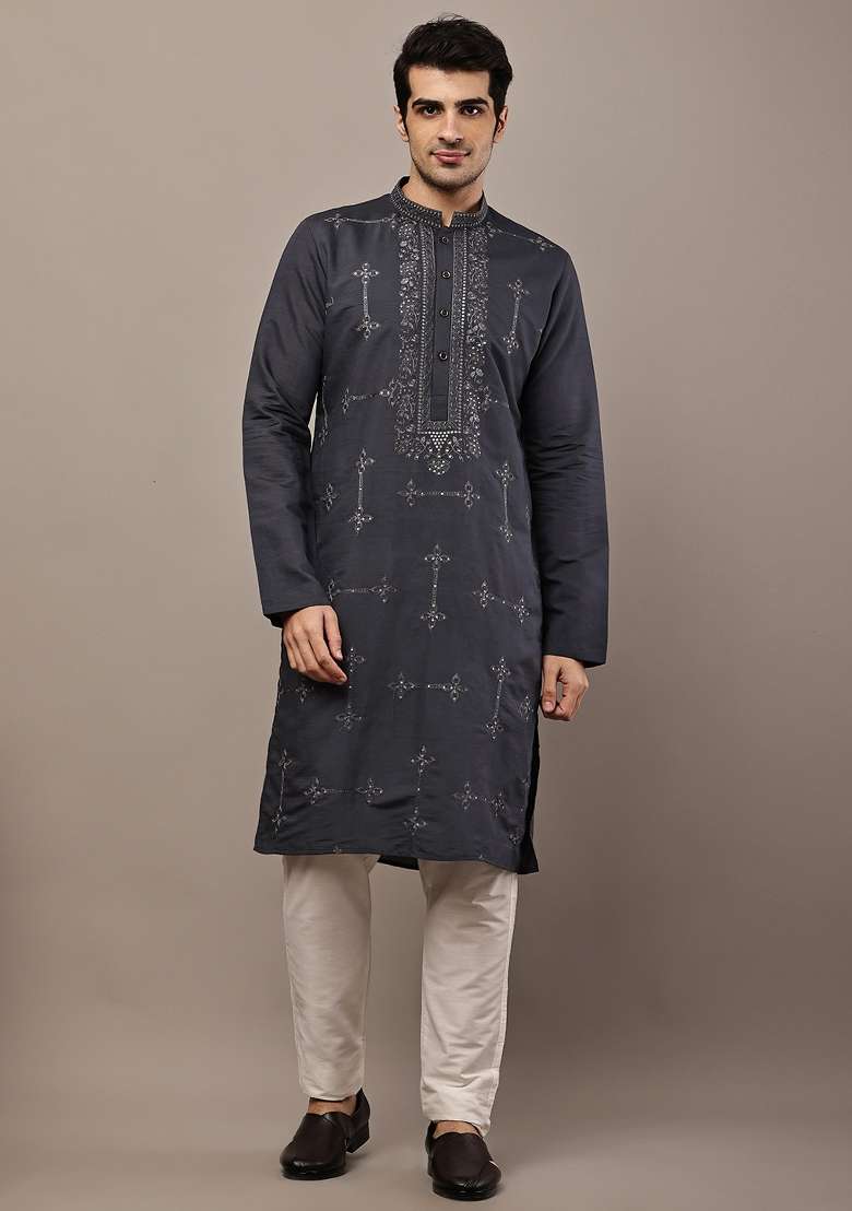 Grey Embroidered Viscose Kurta For Men - Indya