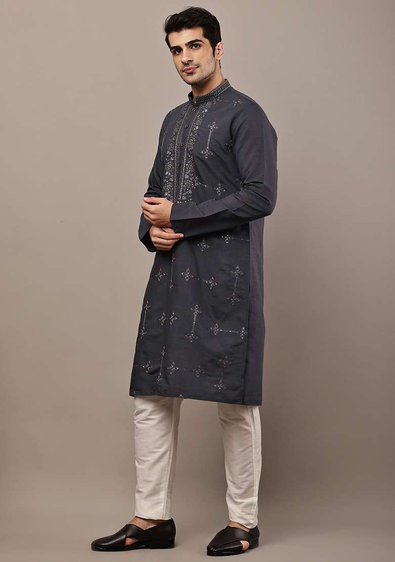 Grey Embroidered Viscose Kurta For Men - Indya