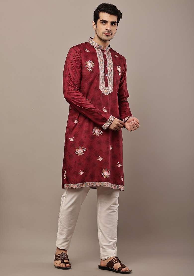 Red Embroidered Viscose Kurta For Men - Indya