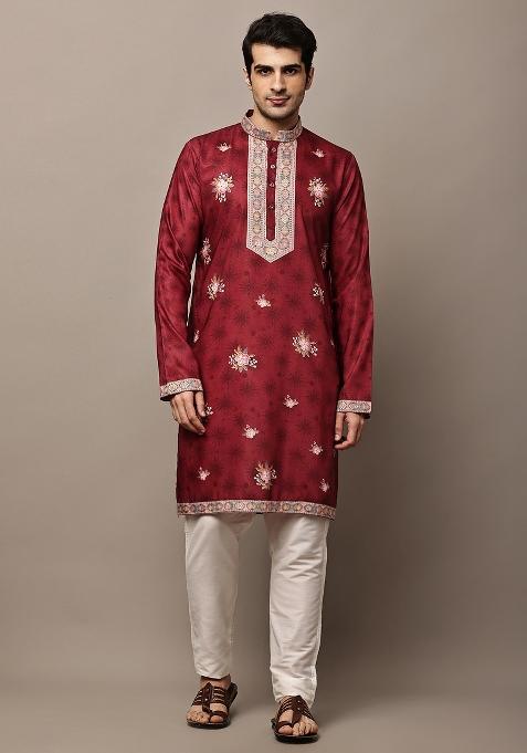 Red Embroidered Viscose Kurta For Men