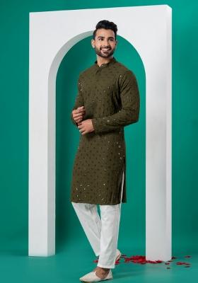 Green Embroidered Cotton Kurta Set For Men
