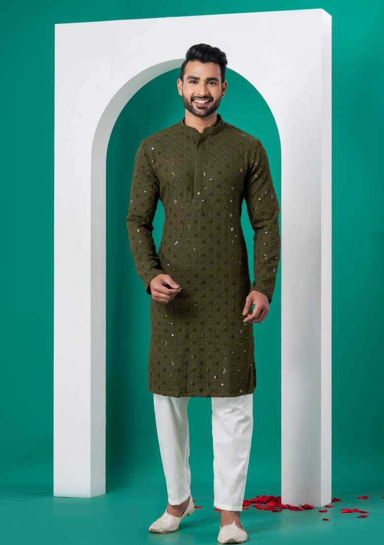 Green Embroidered Cotton Kurta Set For Men - Indya