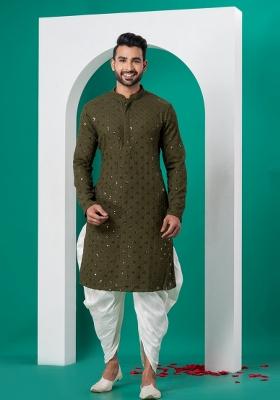 Green Embroidered Cotton Kurta Set For Men