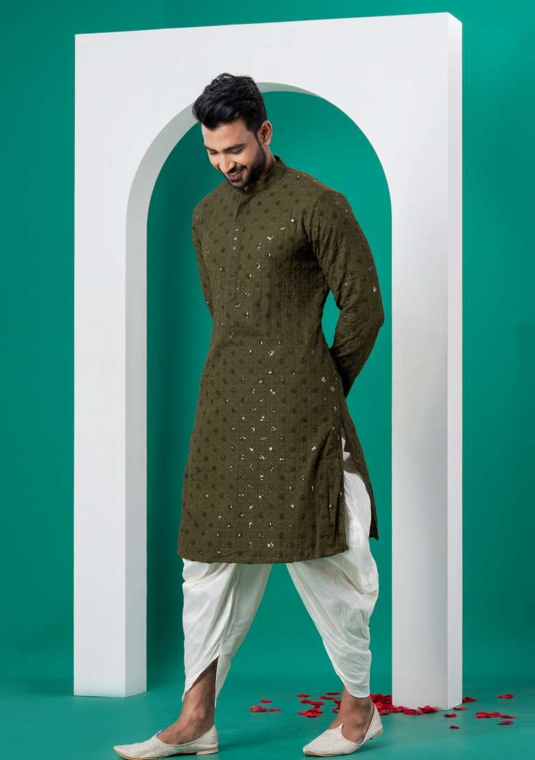 Green Embroidered Cotton Kurta Set For Men - Indya