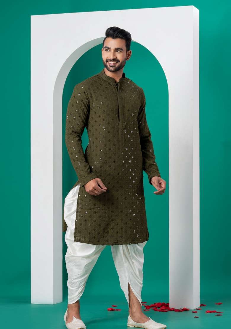 Green Embroidered Cotton Kurta Set For Men - Indya