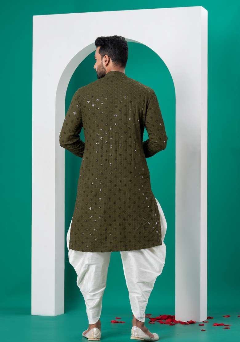 Green Embroidered Cotton Kurta Set For Men - Indya