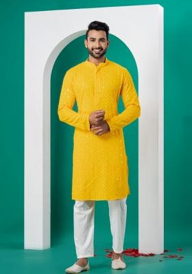 Yellow Embroidered Cotton Kurta Set For Men