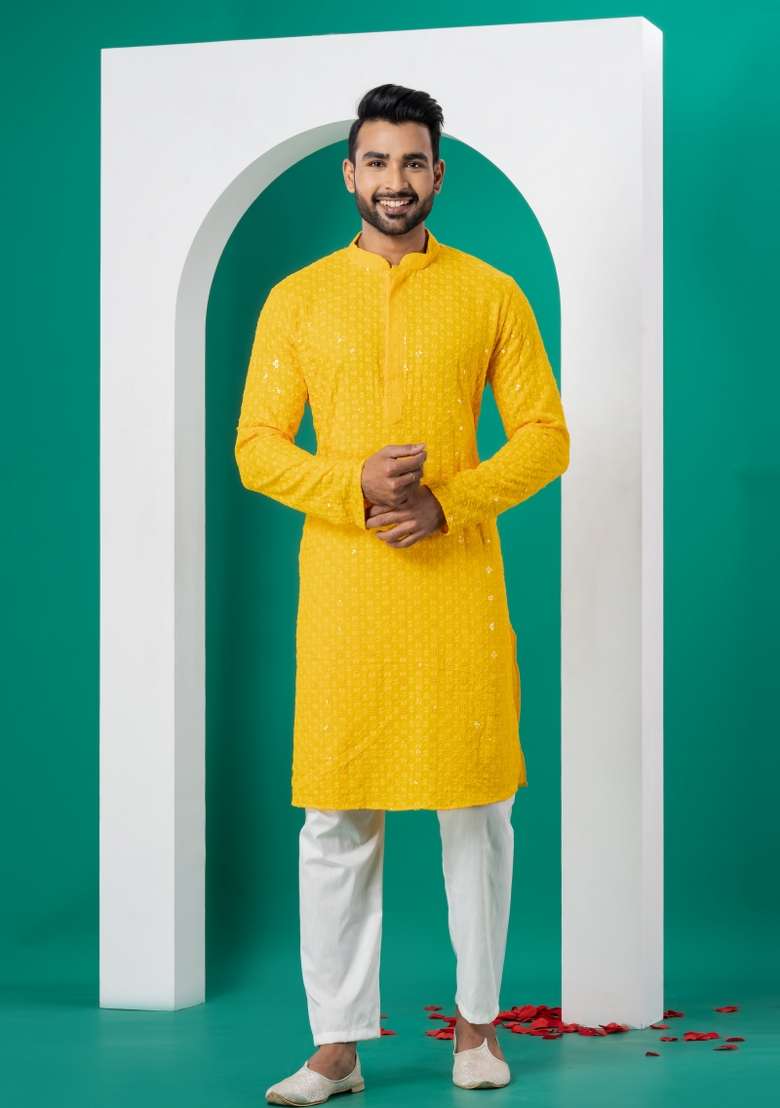 Yellow Embroidered Cotton Kurta Set For Men - Indya
