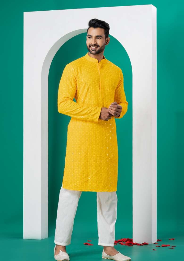 Yellow Embroidered Cotton Kurta Set For Men - Indya