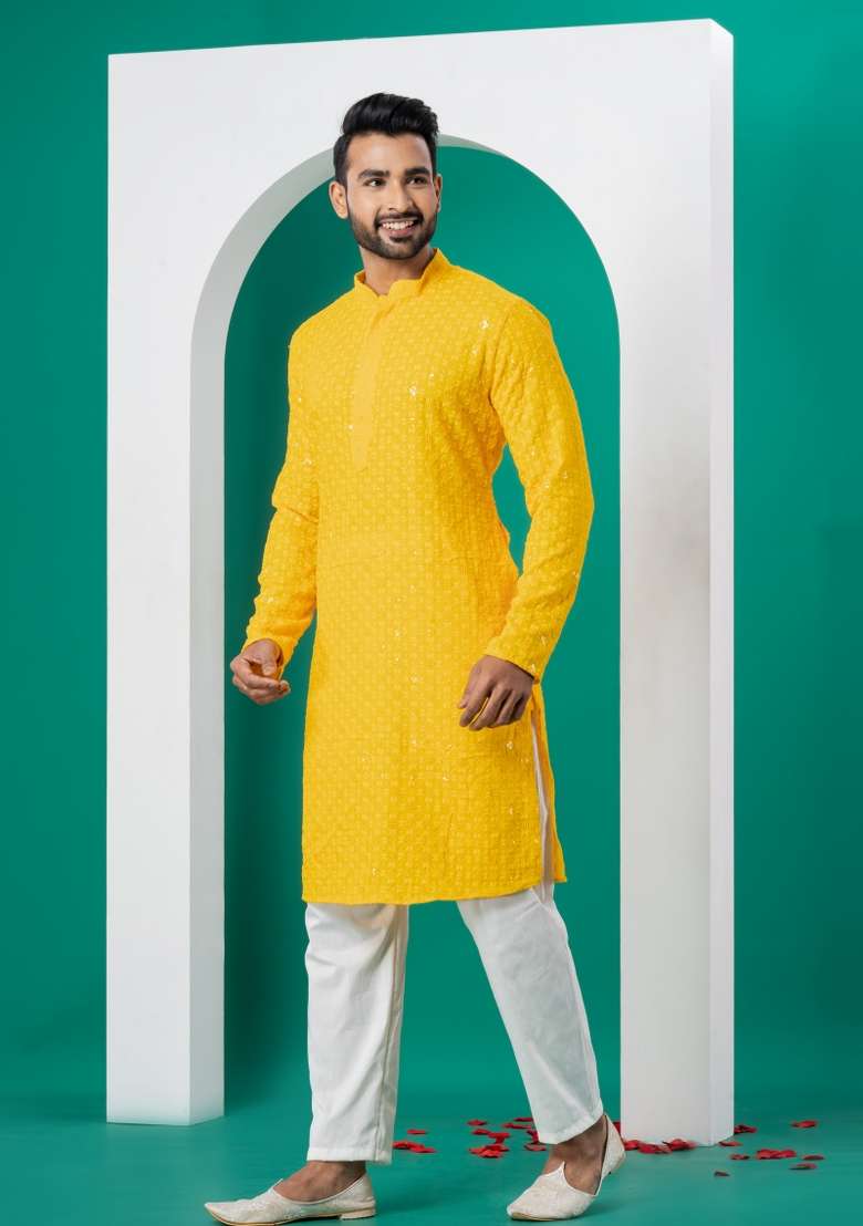 Yellow Embroidered Cotton Kurta Set For Men - Indya