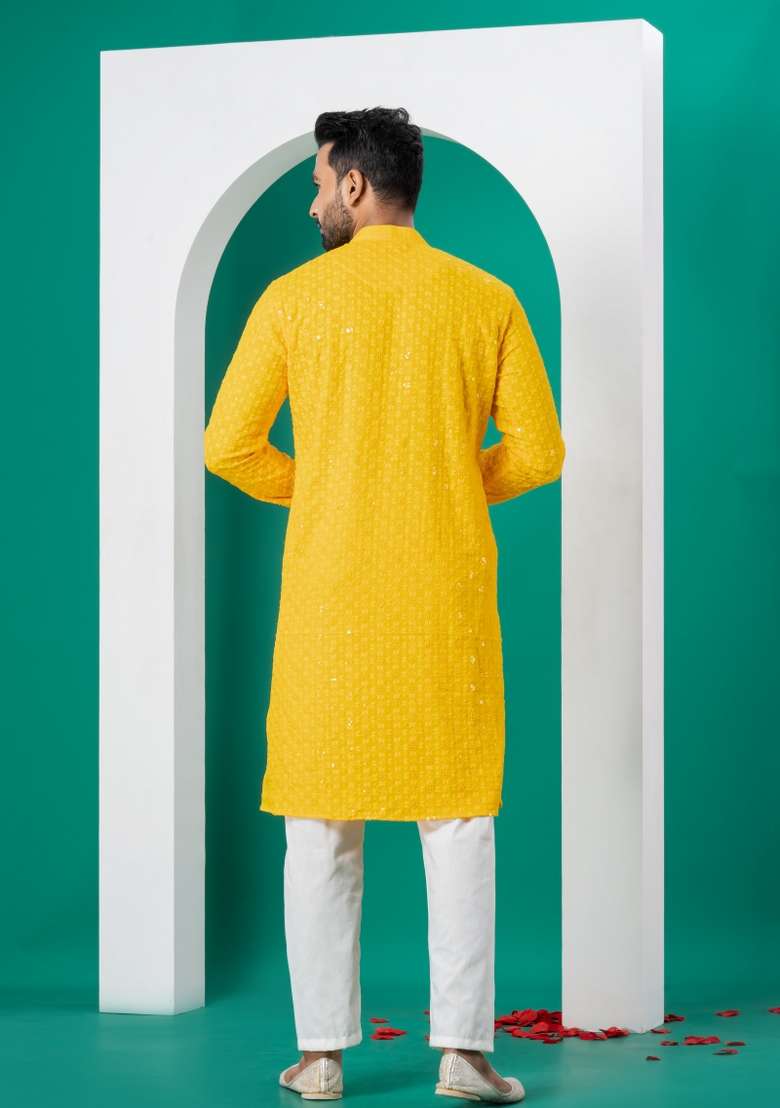 Yellow Embroidered Cotton Kurta Set For Men - Indya