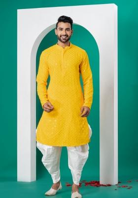 Yellow Embroidered Cotton Kurta Set For Men