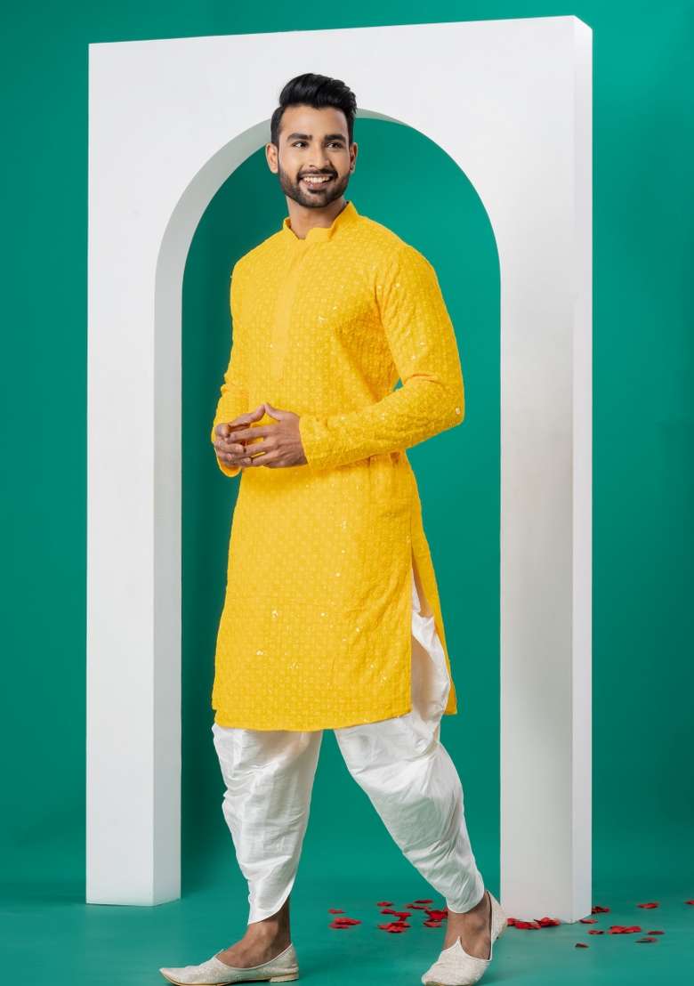 Yellow Embroidered Cotton Kurta Set For Men - Indya
