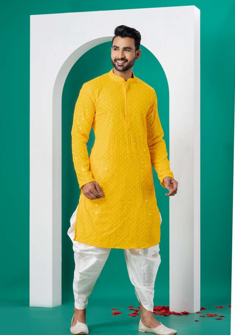 Yellow Embroidered Cotton Kurta Set For Men - Indya